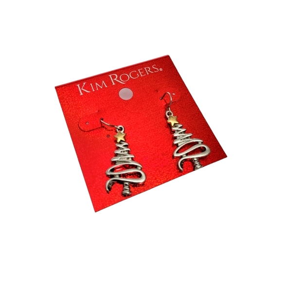 Vintage Kim Rogers Christmas Tree Silvertone Earring French Hook With Gold Star - Picture 2 of 3